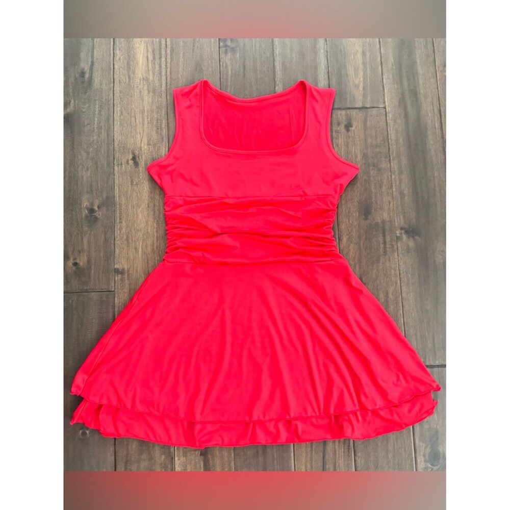 Red Square Neck Sleeveless Fit & Flare Tiered Ruffle Mini Dress L NWT